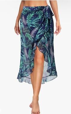 Pinup Fashion NWT Womens Sarong Floral Blue Medium Swimwear Sheer Cover Up Long